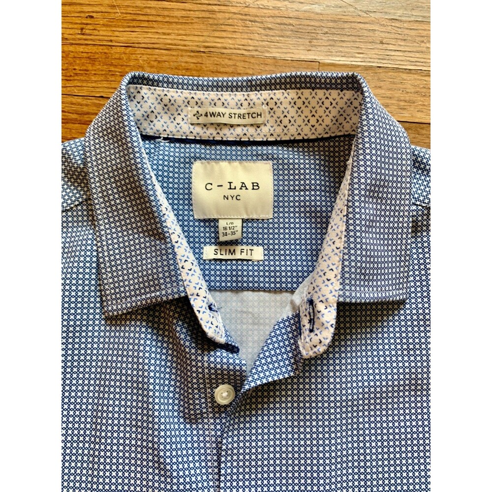 C-LAB NYC Large Slim Fit Dress Shirt blue Geometric 4 Way Stretch Polyester ligh - Picture 6 of 7